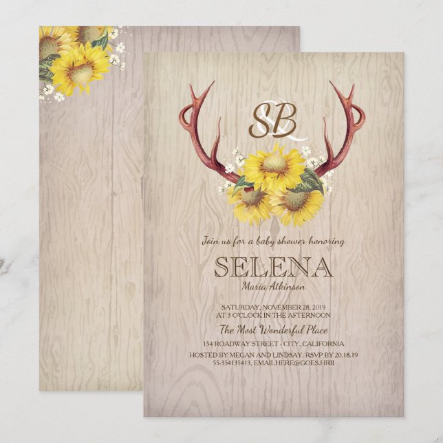 Invitation Bois de cerf et tournesols Baby Shower rustique (Devant / Derrière)