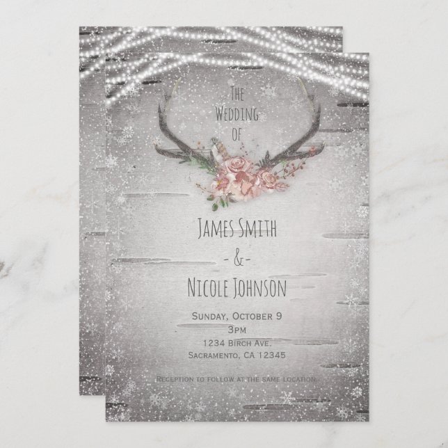 Invitation Bois de cerf rustique et mariage d'hiver en boulea (Devant / Derrière)