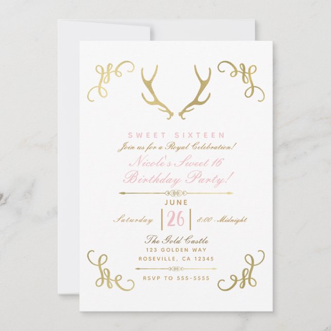 Invitation Bois de cerf rustique feuille dorée Fête Sweet 16 (Devant)