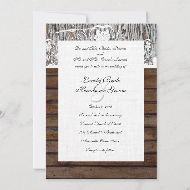 Invitation Bois de dentelle de Shabby et Mariage de bois anci (Devant)