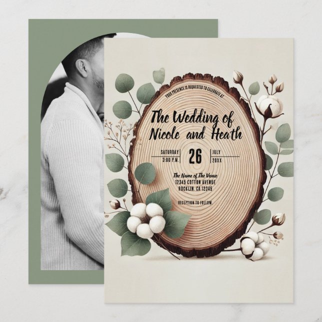 Invitation Bois de forêt Eucalyptus et Coton Mariage rustique (Devant / Derrière)