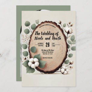Invitation Bois de forêt Eucalyptus et Coton Mariage rustique