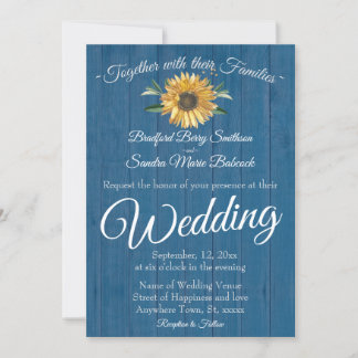 Invitation Bois de grange bleu rustique, mariage de tournesol