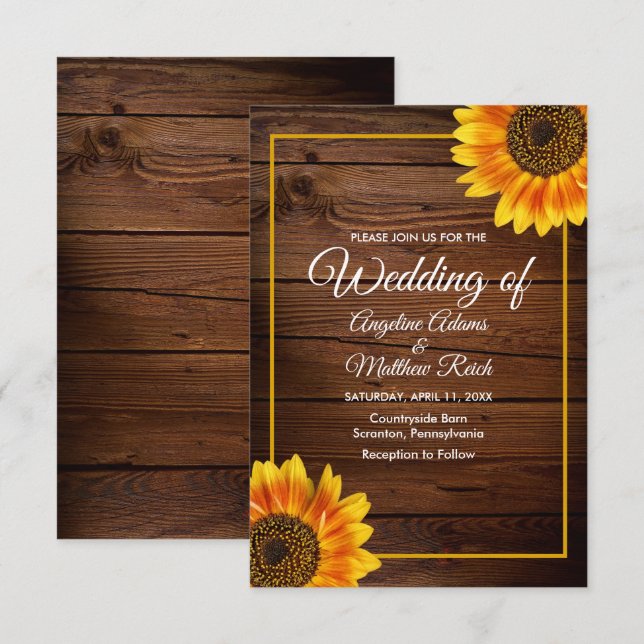 Invitation Bois de grange + Mariage de tournesol russe (Devant / Derrière)