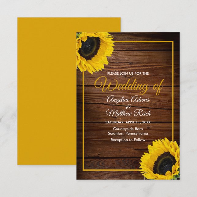 Invitation Bois de grange + Mariage de tournesol rustique (Devant / Derrière)