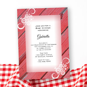 Invitation Bois de grange rouge avec Baby shower de fleurs