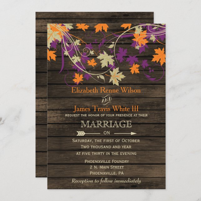 Invitation Bois de grange, Rustic Fall Plum feuille mariage (Devant / Derrière)