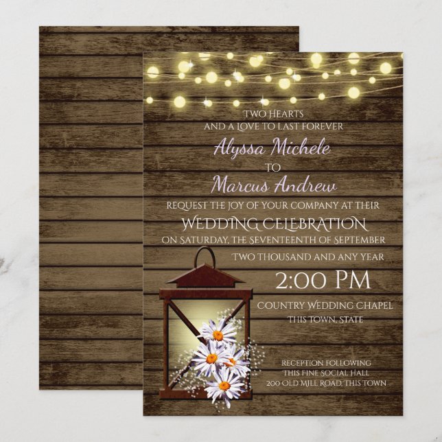 Invitation Bois de grange rustique et lanterne avec marguerit (Devant / Derrière)