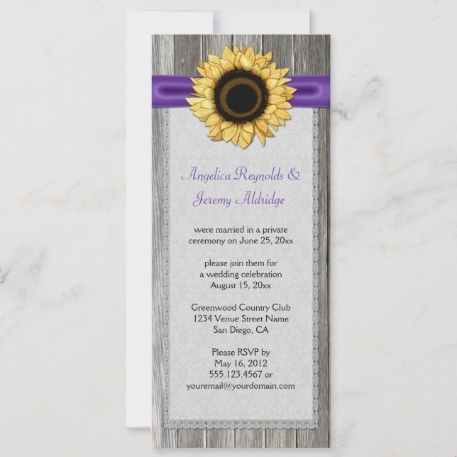 Invitation Bois de grange rustique Ruban de tournesol violet  (Devant)