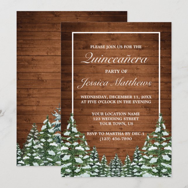 Invitation Bois de neige et forêt Pin rural Quinceañera (Devant / Derrière)