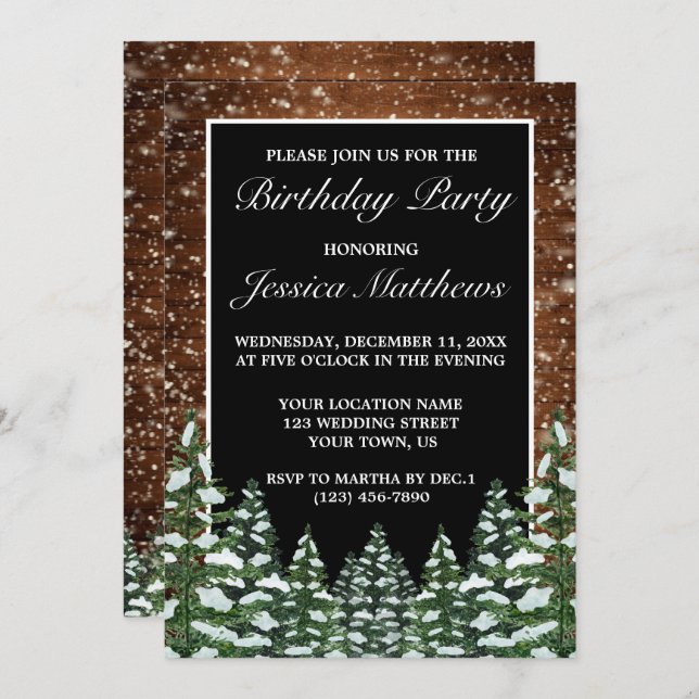Invitation Bois de neige noir et forêt Pin de campagne Annive (Devant / Derrière)