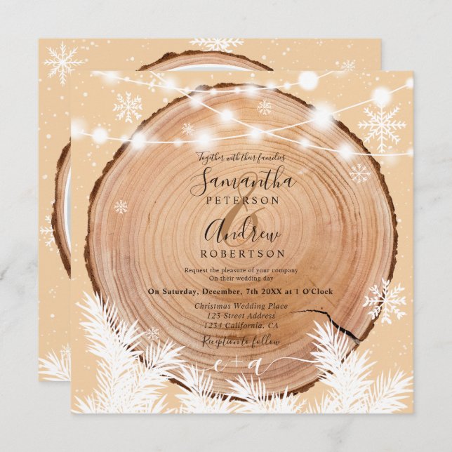 Invitation Bois de neige rustique bois rond lumière mariage p (Devant / Derrière)