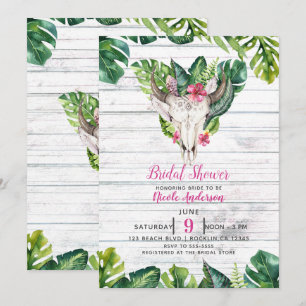 Invitation Bois de plage Bohème Crâne Floral Tropical Feuille