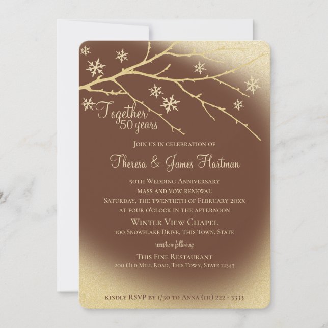 Invitation Bois d'hiver 50e anniversaire Or et Brown (Devant)