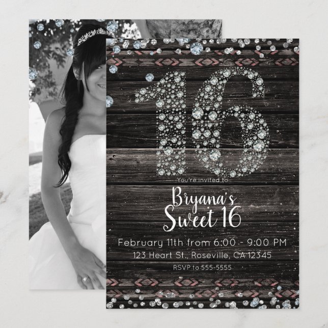 Invitation Bois Diamant Strass 16 Seize Anniversaire Fête Pho (Devant / Derrière)