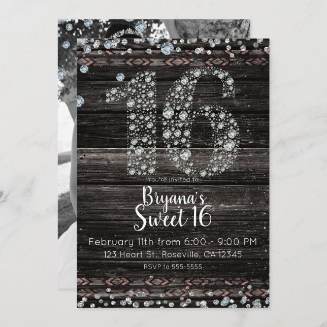 Invitation Bois Diamond Bling 16 Seize Anniversaire Photo (Devant / Derrière)