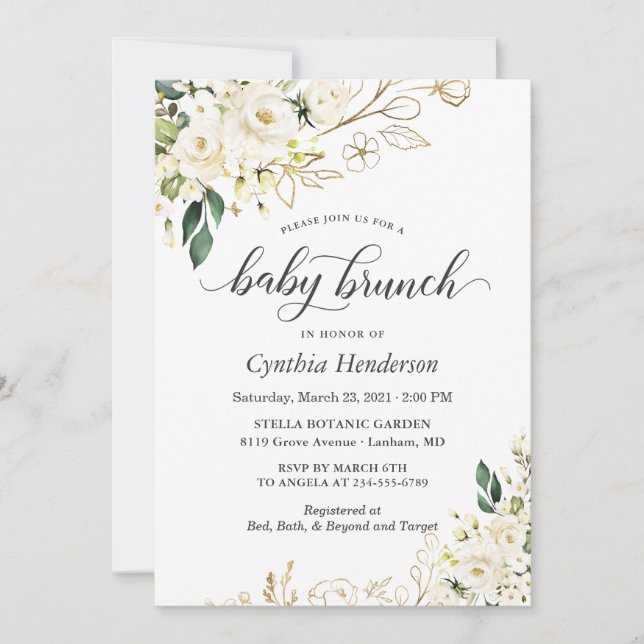 Invitation Bois d'ivoire Rose Baby shower Floral Brunch (Devant)
