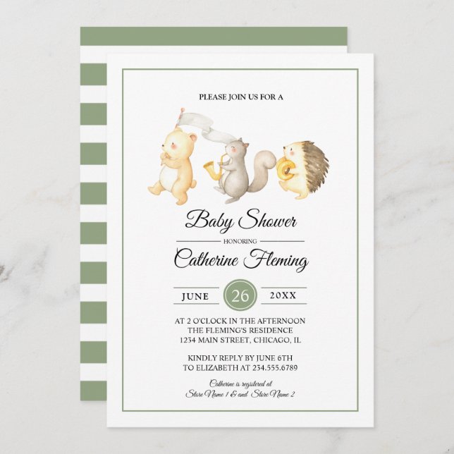 Invitation Bois doux Animaux Baby shower vert clair (Devant / Derrière)