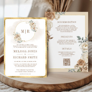 Invitation Bois doux Beige Floral Or tout en un Mariage