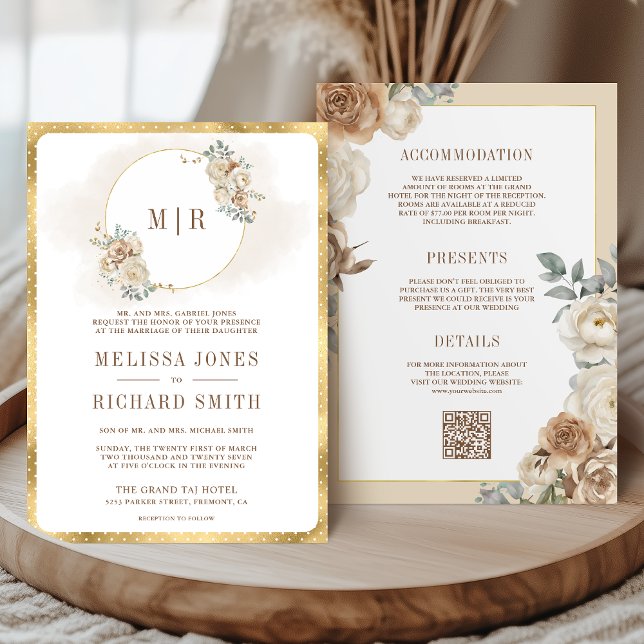 Invitation Bois doux Beige Floral Or tout en un Mariage (Créateur téléchargé)