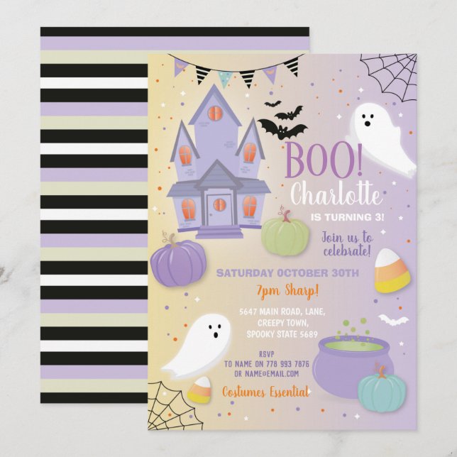 Invitation Bois Enfants Halloween Purple Fun Party Fun Fantôm (Devant / Derrière)