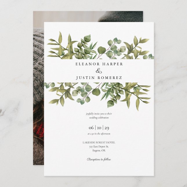 Invitation Bois Eucalyptus Vert Mariage Photo (Devant / Derrière)