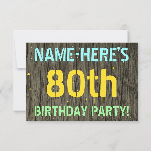 Invitation Bois Faux, Aspect Texte Peint, 80e Anniversaire +  (Devant)