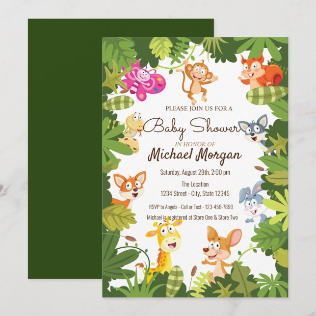Invitation Bois, Feuilles, Baby shower d'animaux forestiers (Devant / Derrière)