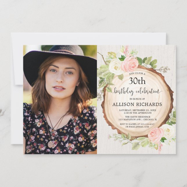 Invitation Bois fleurie rustique femme anniversaire photo (Devant)
