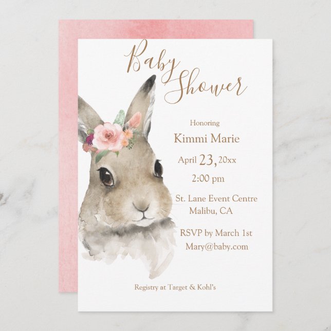 Invitation Bois Floral Bunny Aquarelle Script Baby (Devant / Derrière)