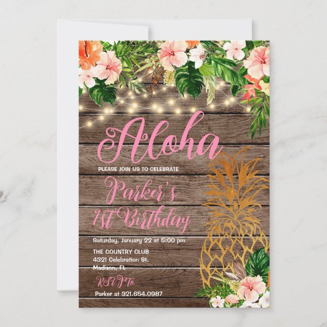 Invitation Bois floral tropical Aloha Anniversaire (Devant)