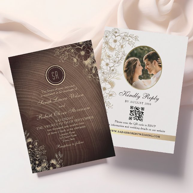 Invitation Bois foncé Monogramme Photo QR Mariage (Créateur téléchargé)
