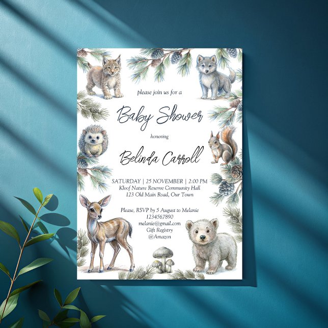 Invitation Bois forêt bois mignon bébé animaux baby shower (Woodlands forest cute baby animals baby shower invitation template neutral gender pastel  forest)