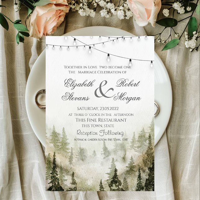 Invitation Bois, Forêt, Pins Arbres, Mariage des lumières à c (Créateur téléchargé)