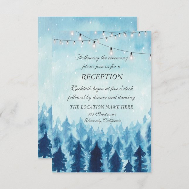 Invitation Bois, Forêt, Pins Arbres Réception de mariage bleu (Devant / Derrière)