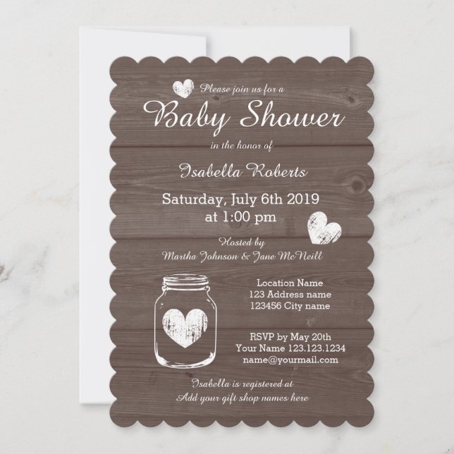 Invitation Bois grain rustique mason jarre baby shower invita (Devant)