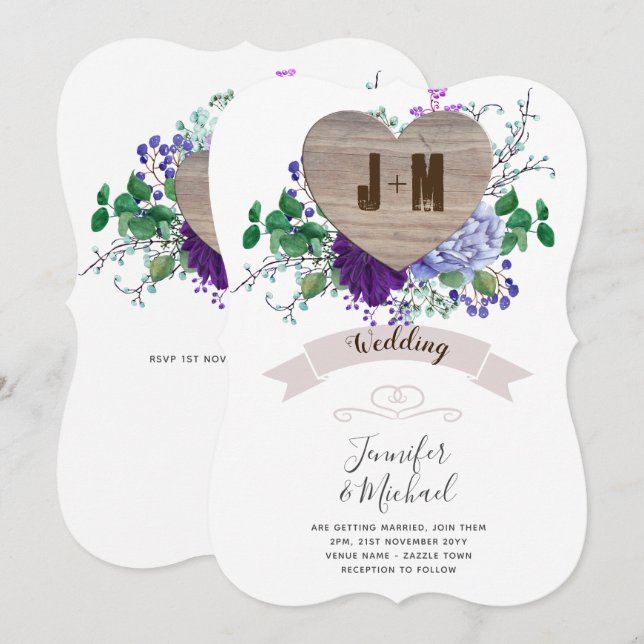 Invitation Bois gravé rustique Coeur Monogramme Chute Florale (Devant / Derrière)