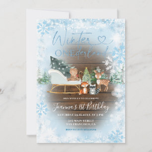Invitation Bois Hiver Onederland Bleu Animal Anniversaire