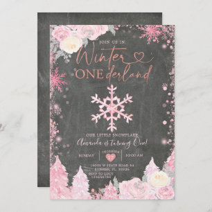 Invitation Bois Hiver Onederland Pink Snowflake Anniversaire