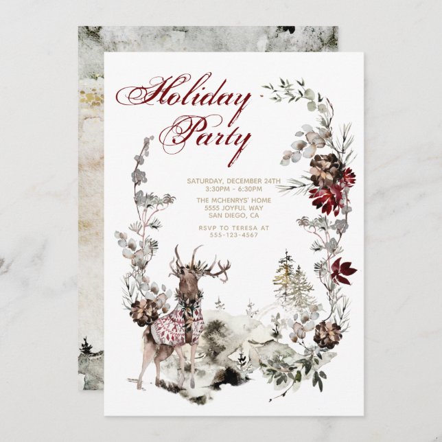 Invitation Bois Joie Noël Cerf Floral Fête (Devant / Derrière)