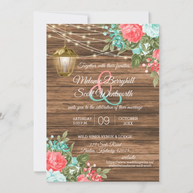 Invitation Bois, Lanterne et Turquoise, Mariage de fleurs de  (Devant)