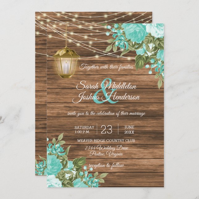 Invitation Bois, lanternes et Mariage Turquoise (Devant / Derrière)