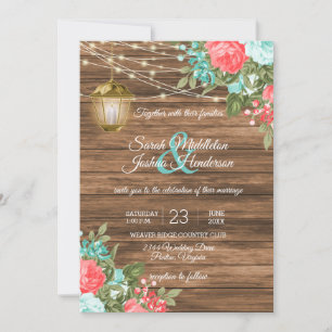 Invitation Bois, Lanternes et Turquoise, Mariage de fleurs de