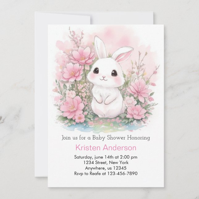 Invitation Bois Lapin Blissful Rose Girl Baby shower (Devant)