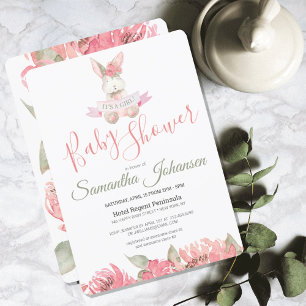 Invitation Bois Lapin rose Aquarelle Baby shower Floral