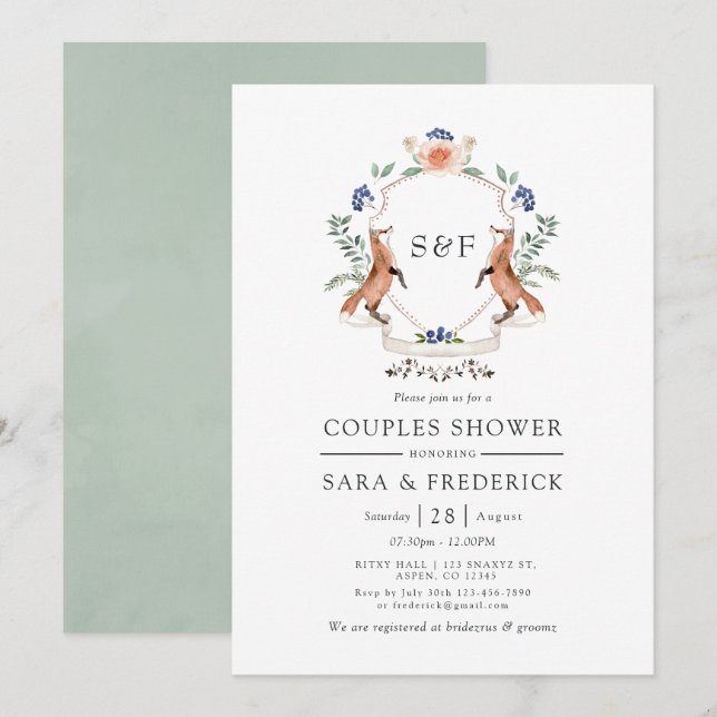 Invitation Bois Laurel Crest Monogramme Couples Douche (Devant / Derrière)