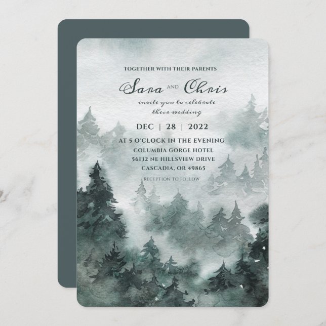 Invitation Bois | Mariage d'aquarelle de forêt (Devant / Derrière)
