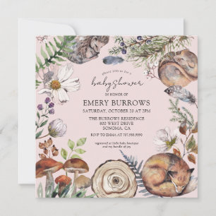 Invitation Bois mignon animaux de forêt rose Baby shower fill