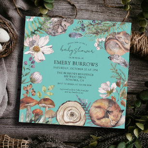 Invitation Bois mignon Animaux forestiers Baby shower Turquoi