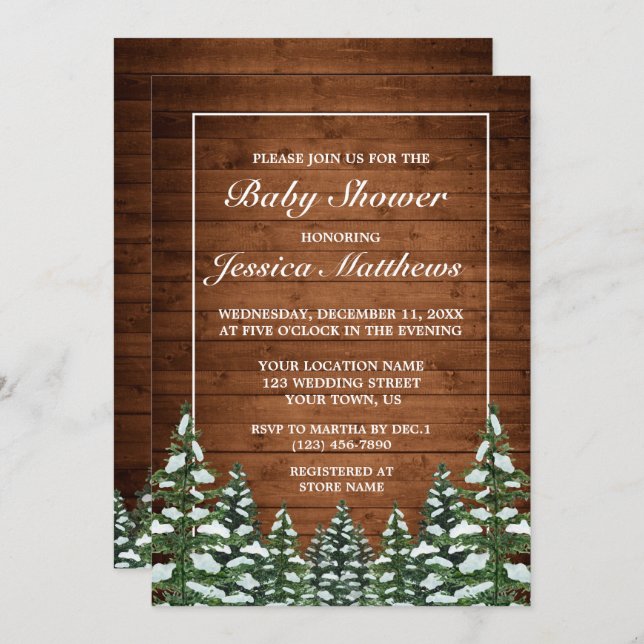Invitation Bois neigeux et forêt Baby shower à pin (Devant / Derrière)